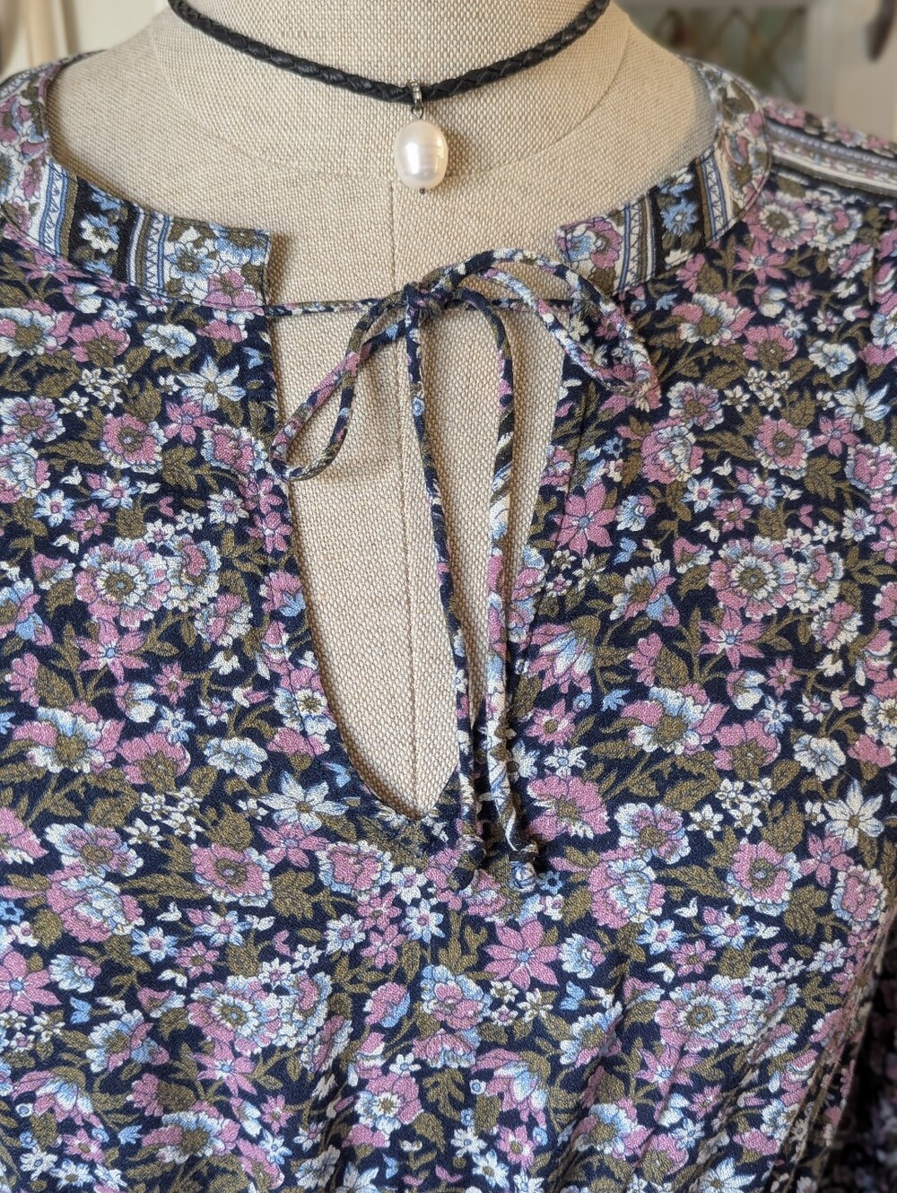 ๐๐ธLB Prairie Floral Boho Long-Sleeve Midi Dress Lavender Navy Made Festival - Picture 7 of 14